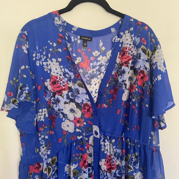 Torrid 2X Lexie Top Blue Floral Chiffon Babydoll Tunic Sheer Blouse Hi Low Z - Picture 3 of 10